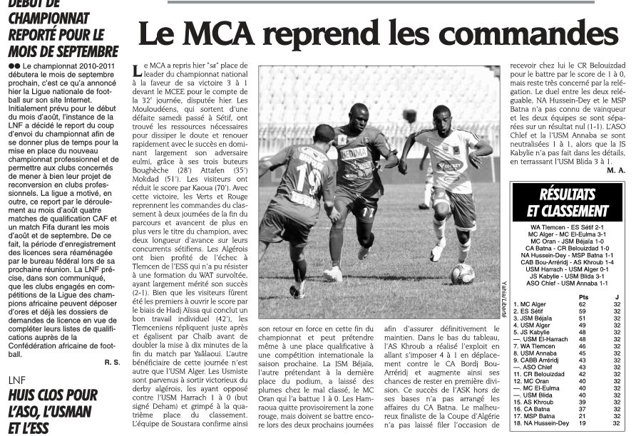 Mardi 25.5.2010 Stade du 5 Juillet 1962  MCA-MC El Eulma 3-1