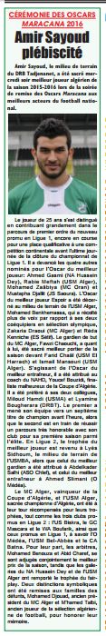 Chaouchi Fouzi  Oscar du meilleur Gardien de but, saison 2015-2016 décerné par 