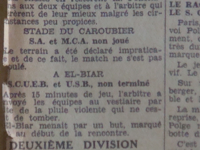Dimanche 19.2.1933 à carroubier match à rejouer Stade Algérois-MCA non joué terrain impraticable