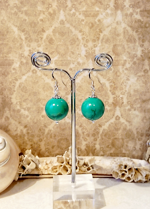 Boucles Pierre de turquoise verte naturelle 16mm  / Argent 925  Natural green turquoise stone ball 16mm / sterling silver