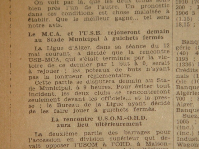 Dimanche 22.5.1932 au municipal match à rejouer MCA-USB 0-2
