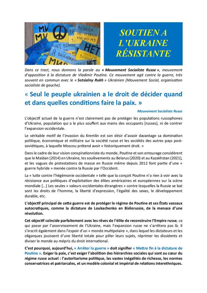 1er mai 2024 au Havre - le tract commun Ensemble! NPA, GDS de soutien à l'Ukraine