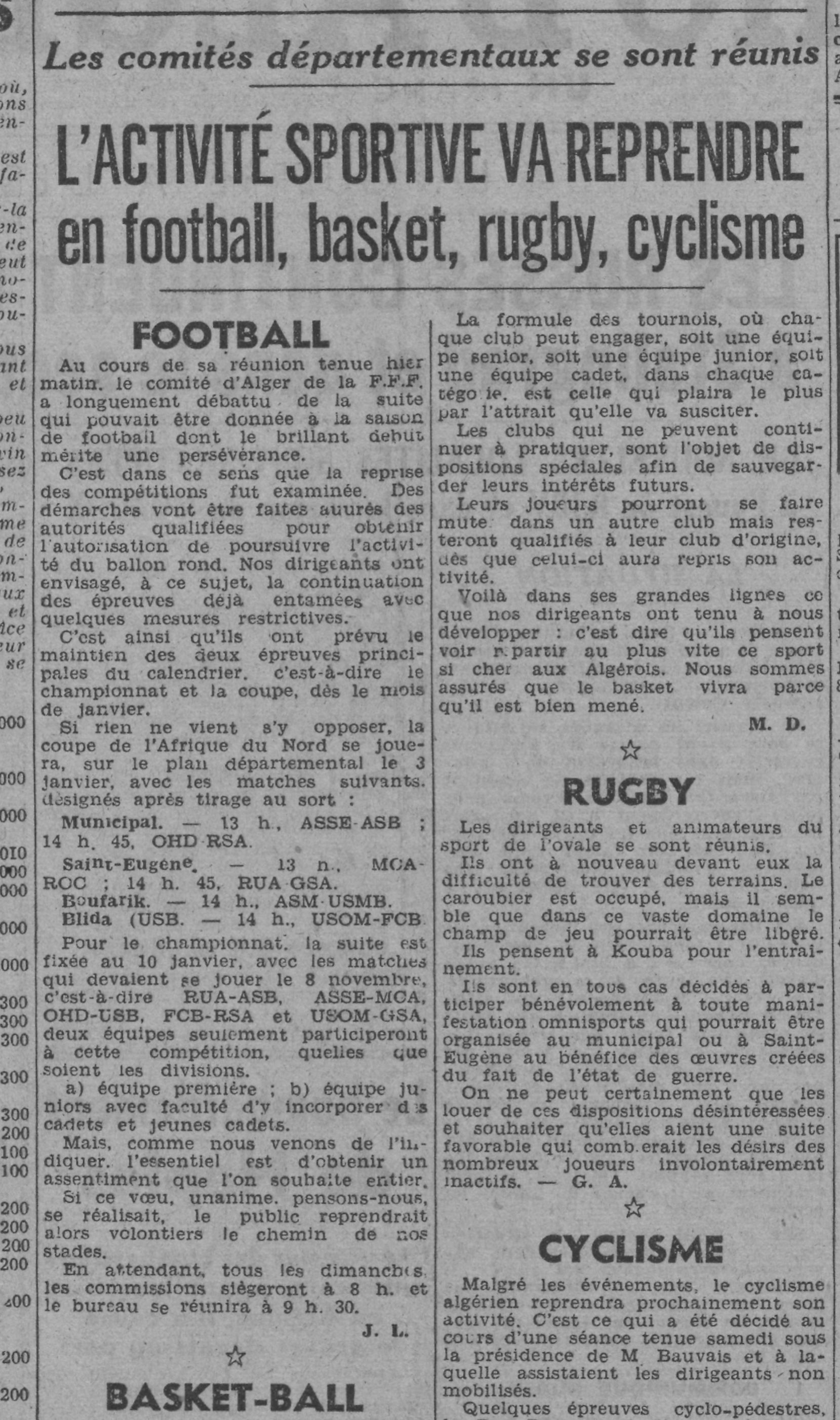 Dimanche 13.12.1942 Décision de reprendre les activités sportives dès le mois de janvier 1943
