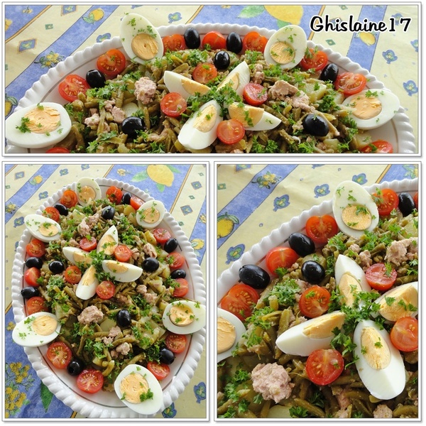 Salade d'Haricots verts et de Pommes de terre, garnie de tomates, thon, oeufs, olives