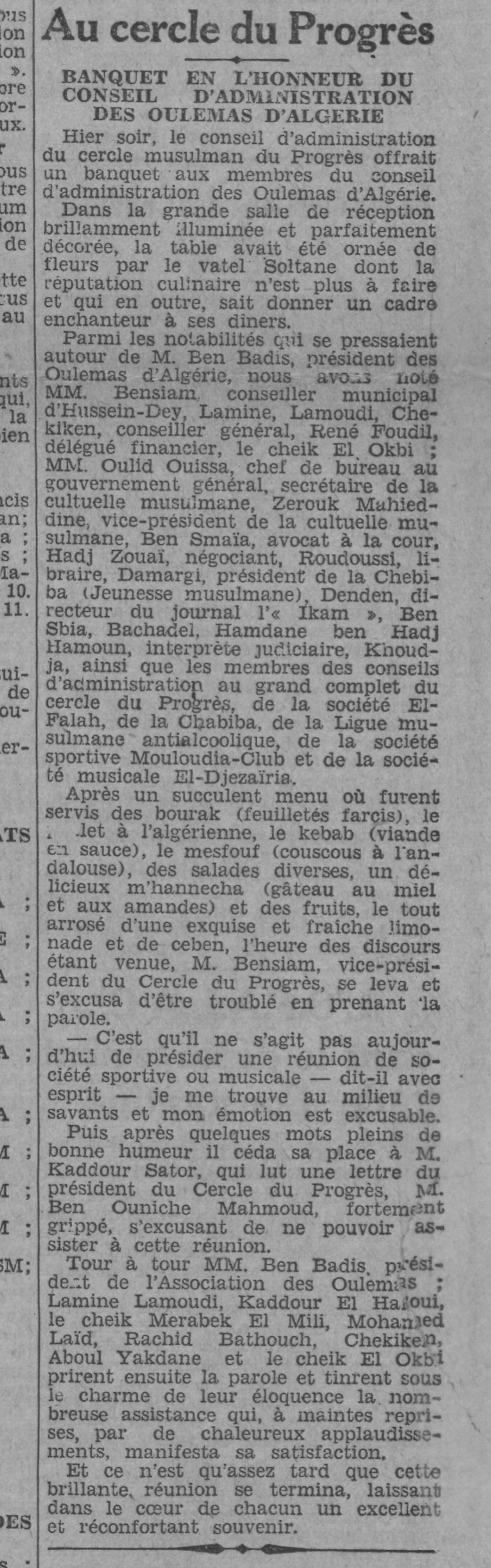 9.2.1933 Bensiam Mahmoud recevant Benbadis et les Oulémas