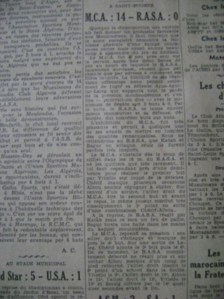 7.1.1940 MCA-RASA 14-0 le plus gros score du Mouloudia