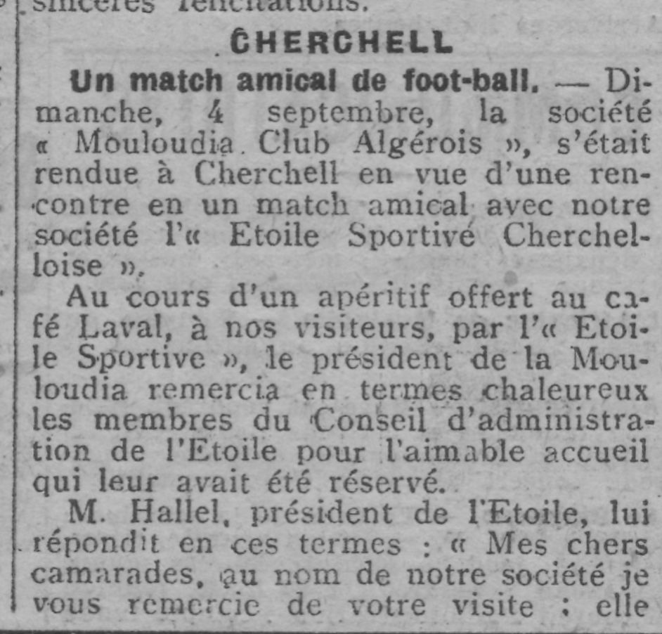 Dimanche 4.9.1927 à Cherchell Amical Etoile Sportive de Cherchell-MCA 1-0