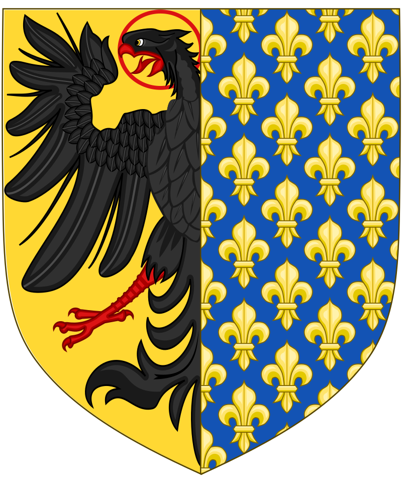 Armoiries imaginaires de Charlemagne d'après Le Blason des Armoiries de Jérôme de Bara (version en couleurs de 1628).