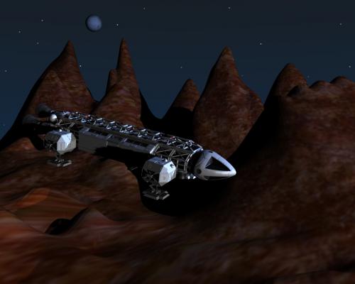 Un aigle de Cosmos 1999 survole le paysage désertique d'une planète