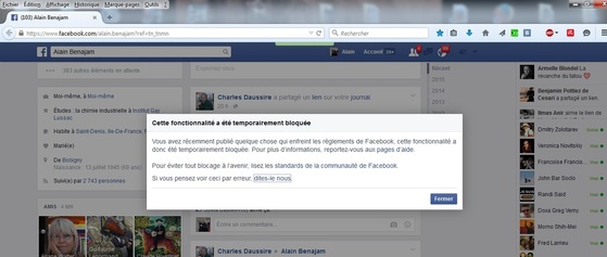 Notification de mon interdiction de publier sur FaceBook (cliquer sur l'image pour agrandir)