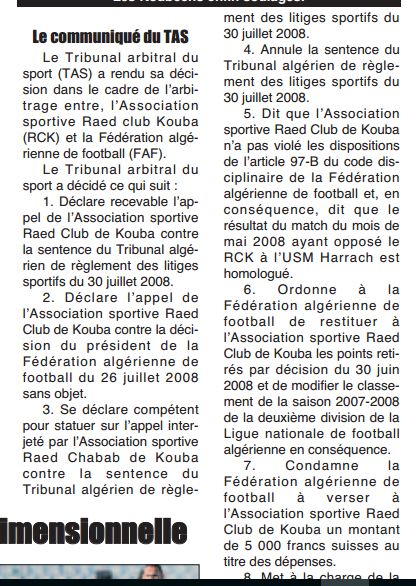 Le T.A.S donne raison au RCK