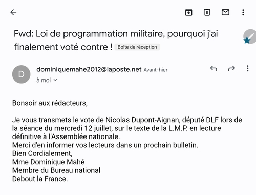 Loi de programmation militaire : N. Dupont-Aignan rectifie le tir.