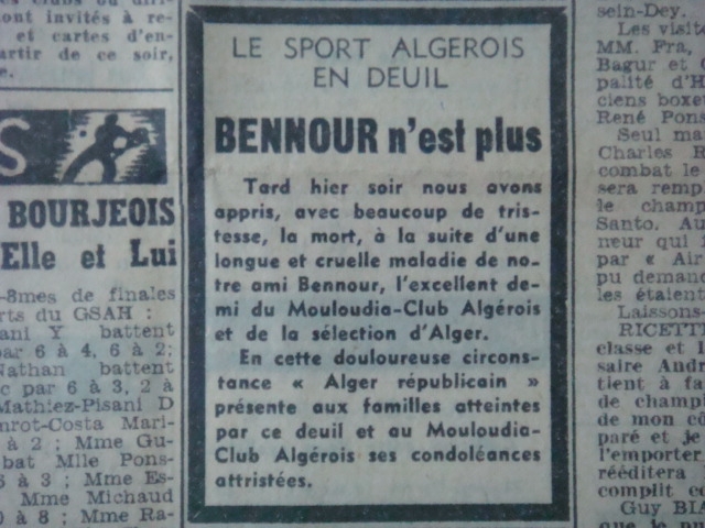 Mercredi 18.6.1952 Décés du joueur Mouloudéen BENNOUR