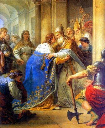 Peinture représentant l'accolade d’un pape et du roi de France, recouvert du manteau fleurdelisé.