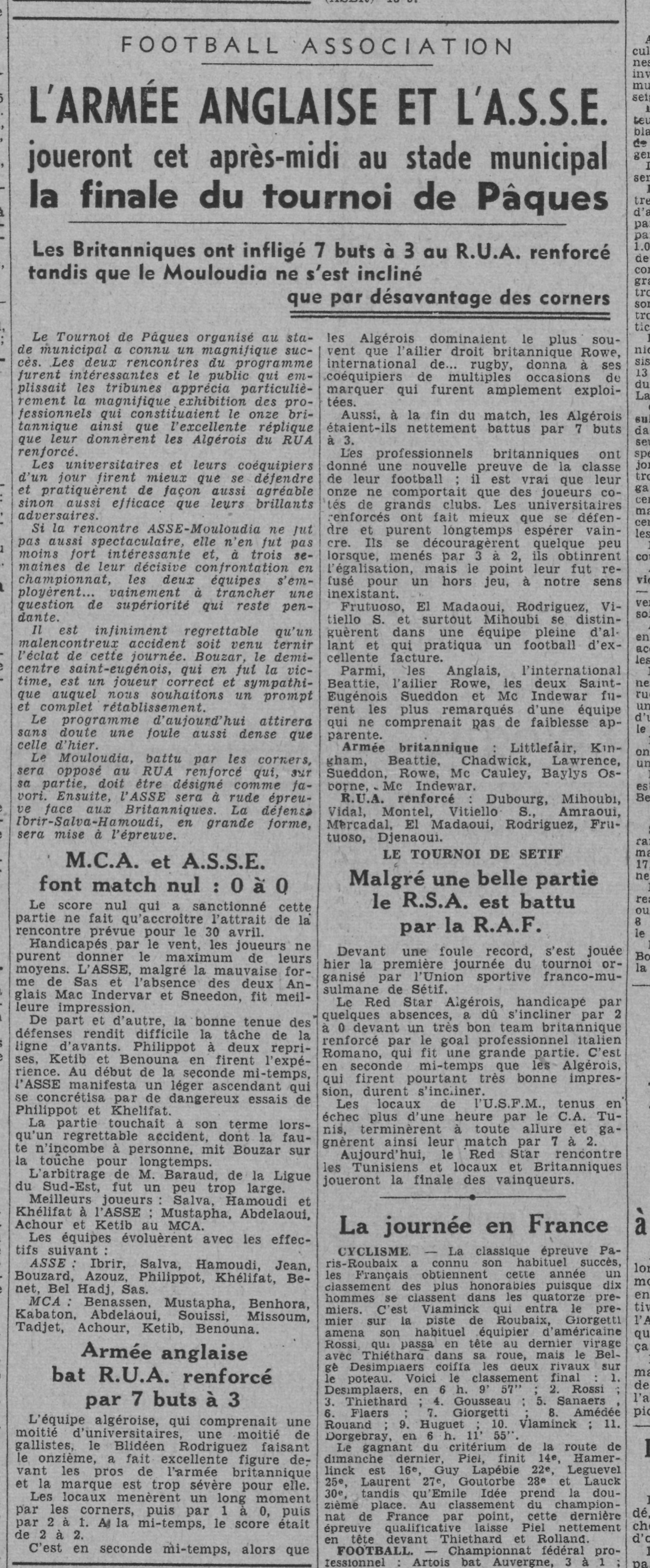 Dim 9.4.1944 au Municipal Tournoi MCA-ASSE 0-0 / Armée Anglaise-RUA 7-3