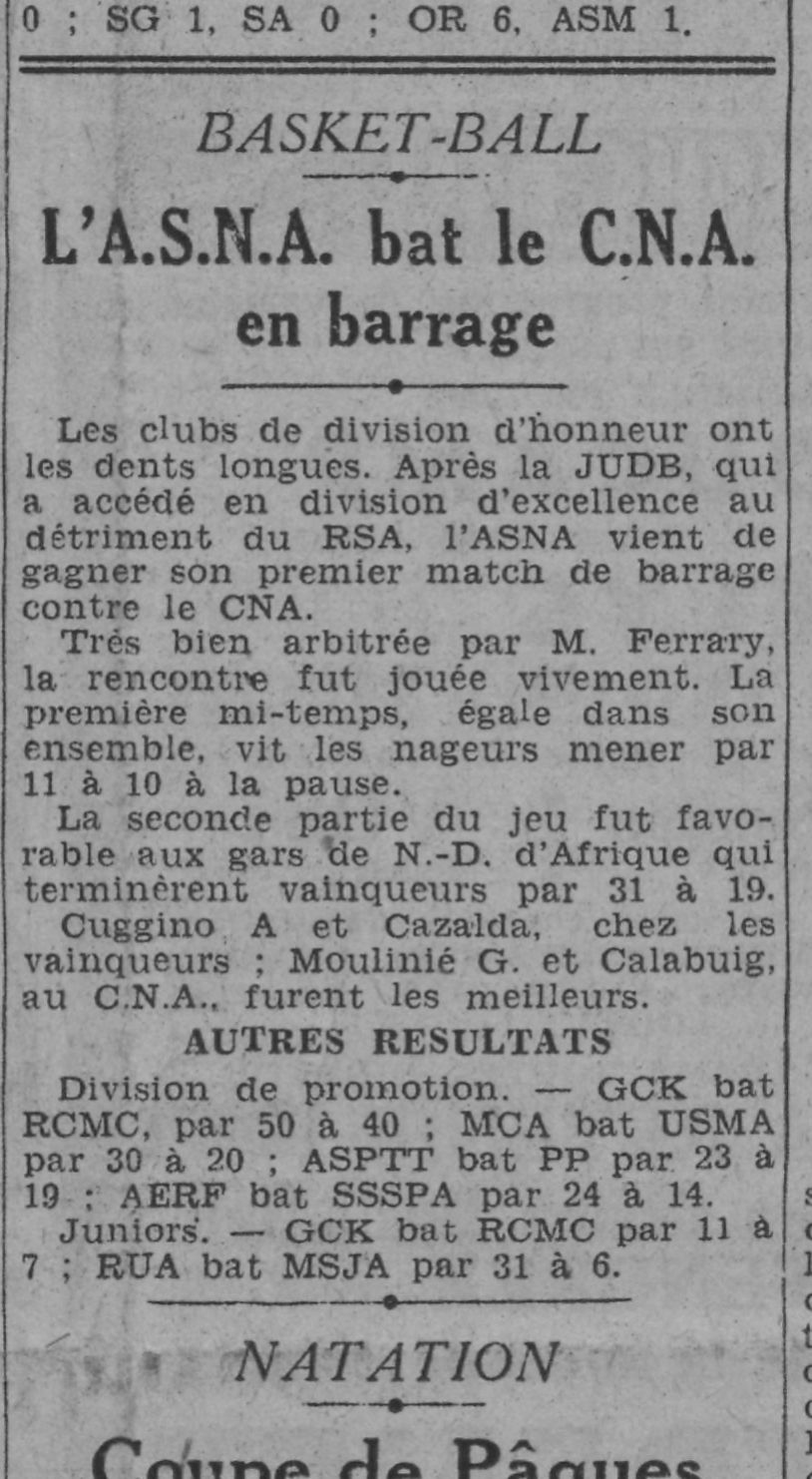 D 29.3.1942 Basketball MCA bat l'USMA division promotion