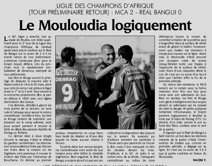 Vendredi 11.2.2011 Africain C.L à Rouiba MCA-O.R.Bangui 2-0