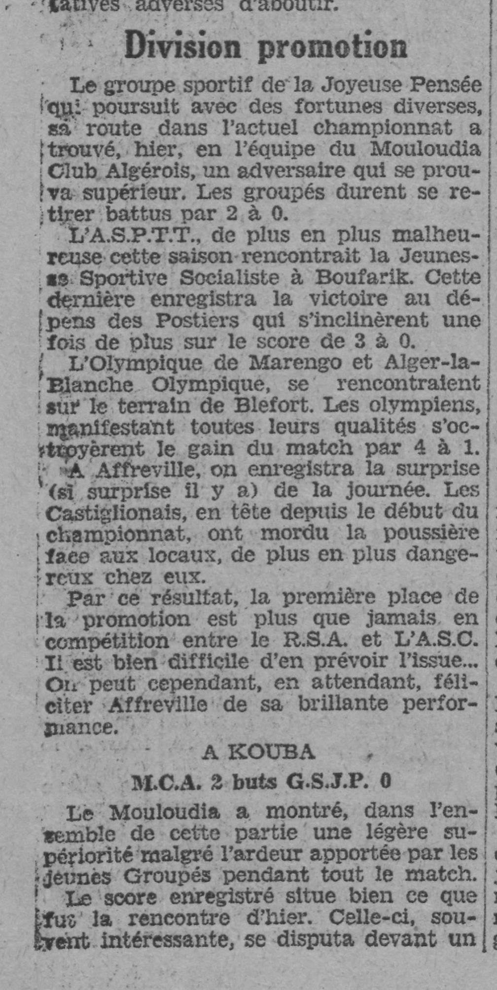 Dimanche 19.01.1930 à Kouba GSJP-MCA 0-2