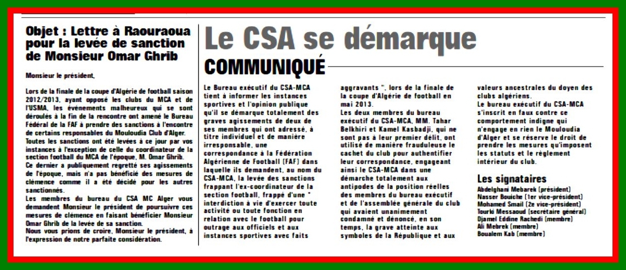 Tahar Belkhiri et Kamel Kasbadji défendentOmar Ghrib, le CSA MCA  se démarque