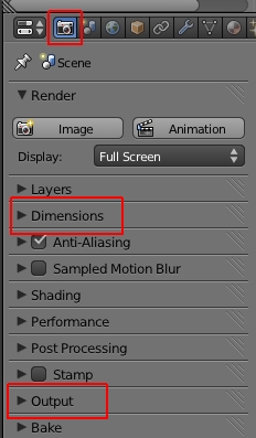 Les panneaux Dimensions et Output sous le bouton Render