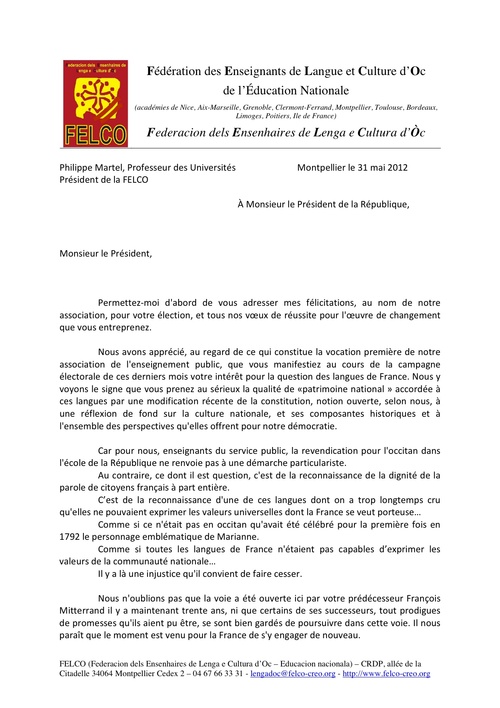 La FELCO écrit à Fr. Hollande