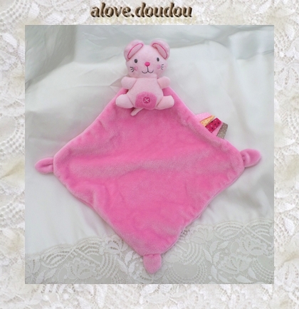 Doudou Peluche Plat Mouchoir Souris Nicotoy Rose Noeuds Etiquettes