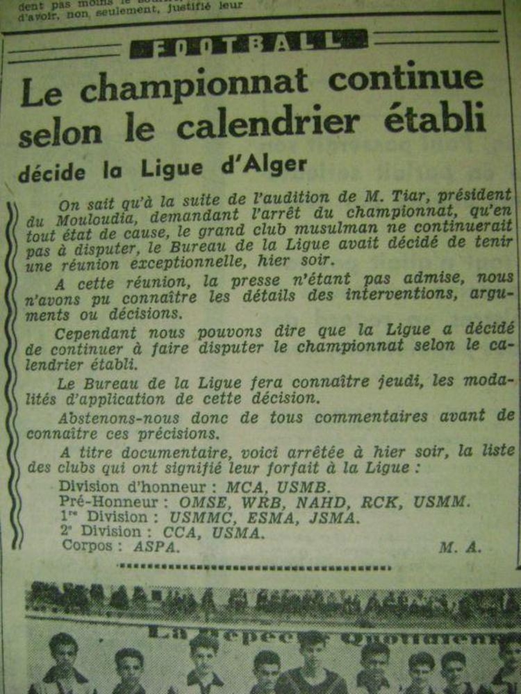 11 Mars 1956 Le MCA et les clubs Musulmans se retirent