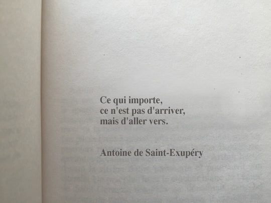 L’image contient peut-être : texte qui dit ’Ce qui importe, ce n' est pas d'arriver, mais d'aller vers. Antoine de Saint-Exupéry’