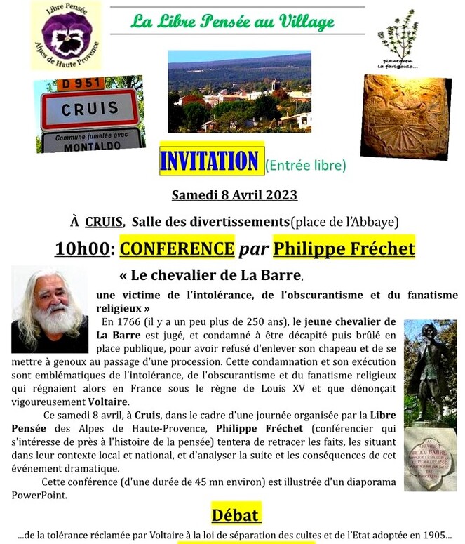 Cruis, 8 avril 2023: Conférence Chevalier de La Barre et banquet républicain et libre penseur
