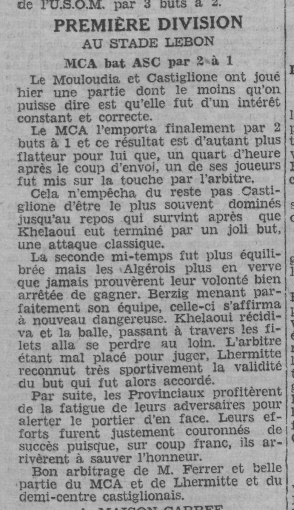 Dimanche 10.4.1932 au stade Lebon  MCA-AS Castiglione 2-1