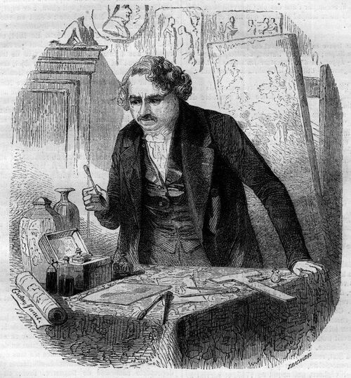 Louis Daguerre (1787-1859), inventeur de la photographie (gravure de la Gazette nationale ou Moniteur universel. Janvier 1839).