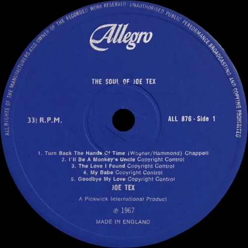 Joe Tex : Album " The Soul Of Joe Tex " Allegro Records ALL 876 [ UK ]