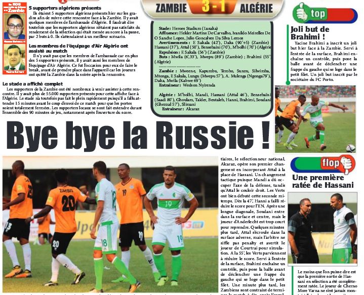 Samedi 2.9.2017 à Lusaka Zambie-EN 3-1 éliminé du Russia 2018