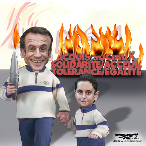 dessin de JERC dessinateur du mardi 23 avril 2024 Caricature Emmanuel Macron et Gabriel Attal  - REVERS DE LA MÉDAILLE  -  www.facebook.com/jercdessin https://twitter.com/dessingraffjerc www.jerc-tbm.
