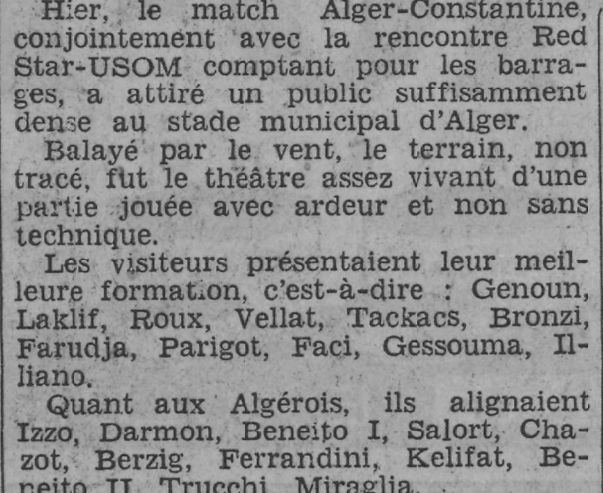 Dimanche 25.4.1937 Amical Sélection Alger -Constantine 4-2 avec Berzig