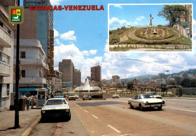 Estampa Postal de Plaza Venezuela, Reloj y estatua de Colón