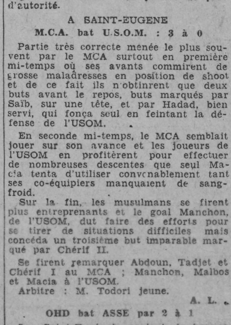 Dim 21.11.1943 à St Eugéne MCA-USOM 3-0