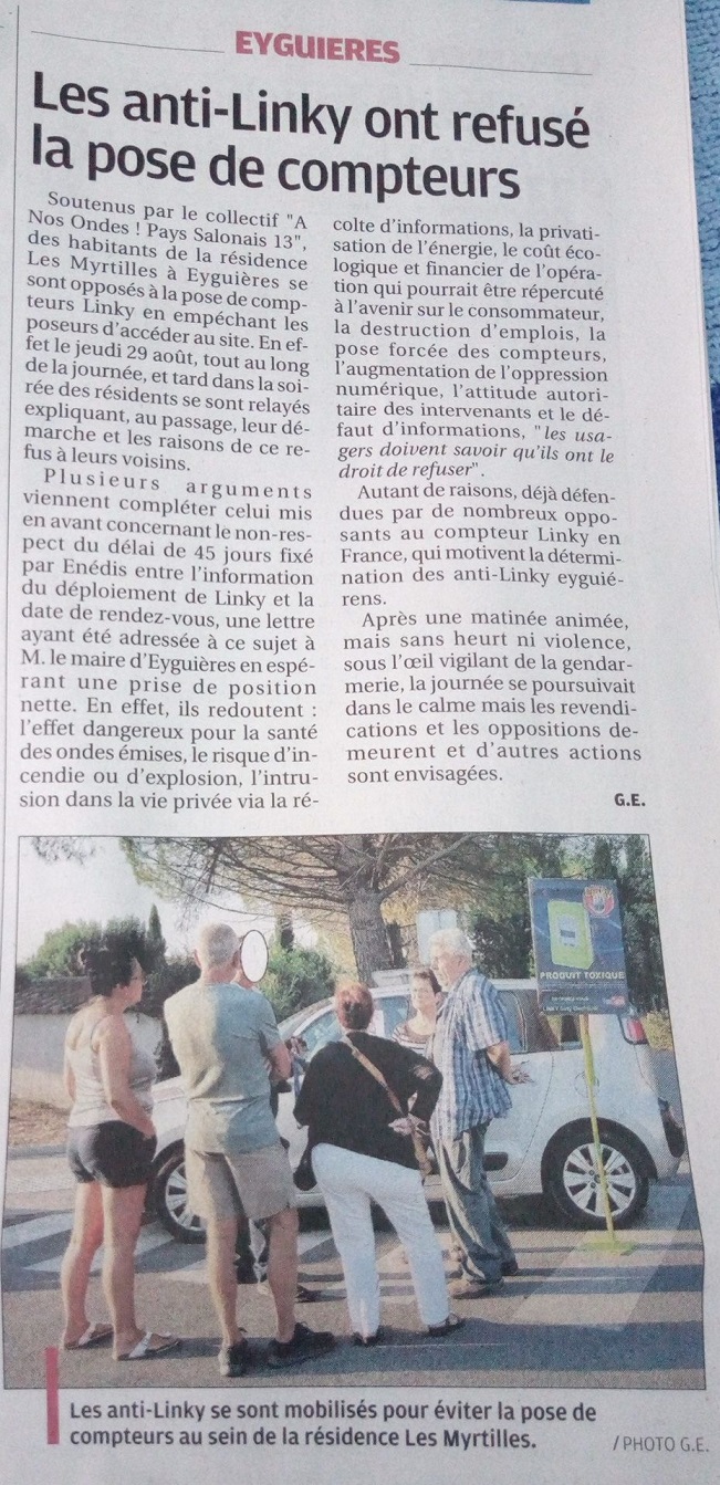 La Provence - 1er sept. 2019  Journée de mobilisation anti-linky dans une résidence à Eyguières