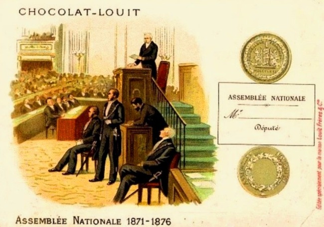 Assemblée Nationale 1871-1876 : Adolphe Thiers, Président de la République, à la Tribune (chromo Chocolat Louit).