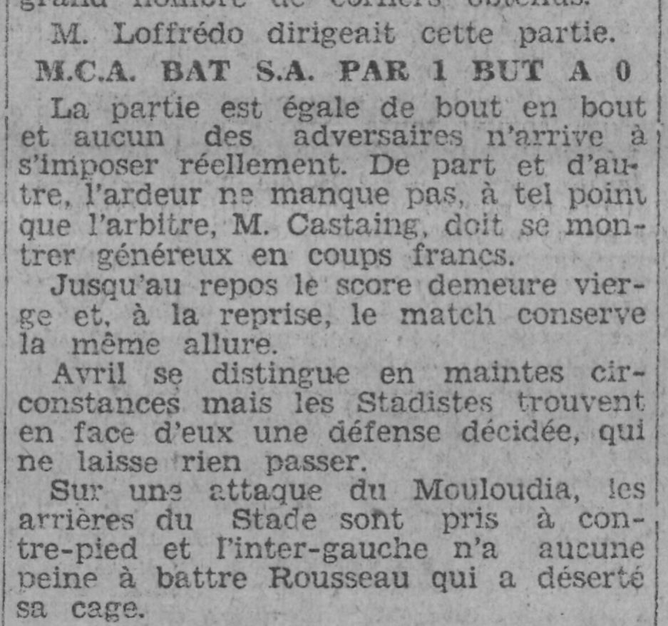 Dimanche 27.9.1931 Coupe municipalité MCA-Stade Algérois 1-0