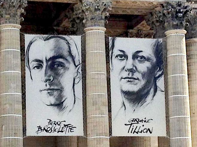 Portrait de Germaine Tillion sur le fronton du panthéon, fin mai 2015.