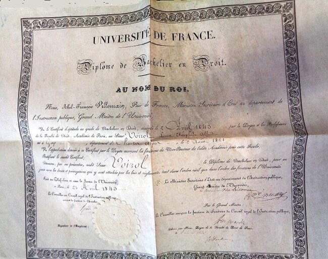 Certificat d’aptitude au grade de bachelier en droit accordé le 2 avril 1843 par le Doyen et les Professeurs de la Faculté de Droit de Paris