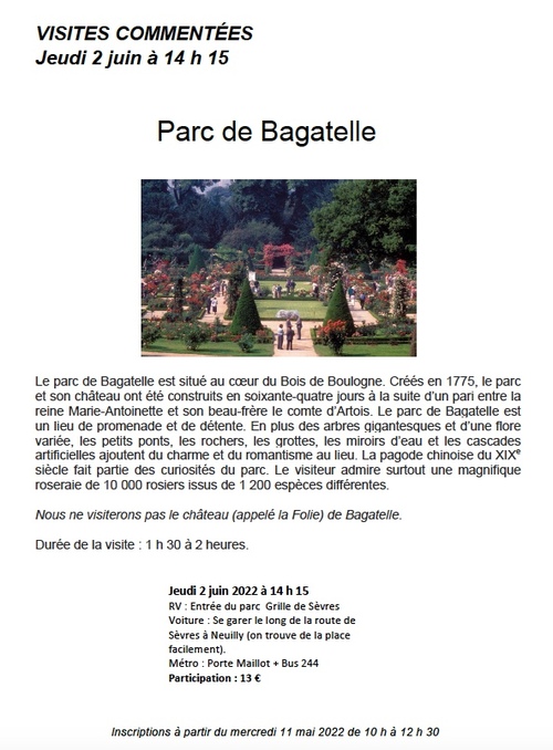 Visite au Parc de Bagatelle - Jeudi 2 juin à 14 h 15