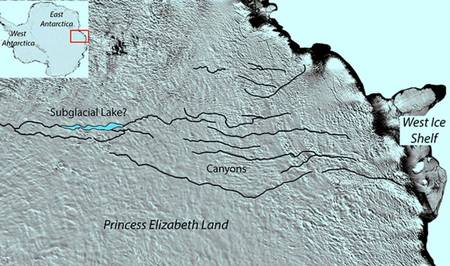 Le réseau de caynons repéré sous l'inlandsis à l'est de l'Antarctique. Il semble relié à un lac sous-glaciaire (subglacial lake ?). © Modis, Newcastle University Le réseau de caynons repéré sous l'inlandsis à l'est de l'Antarctique. Il semble relié à un lac sous-glaciaire (subglacial lake ?). © Modis, Newcastle University