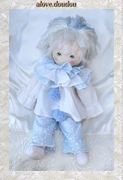 Poupée Doudou Pierrot Chiffon Mundia  Bleu Et Blanc 50 cm