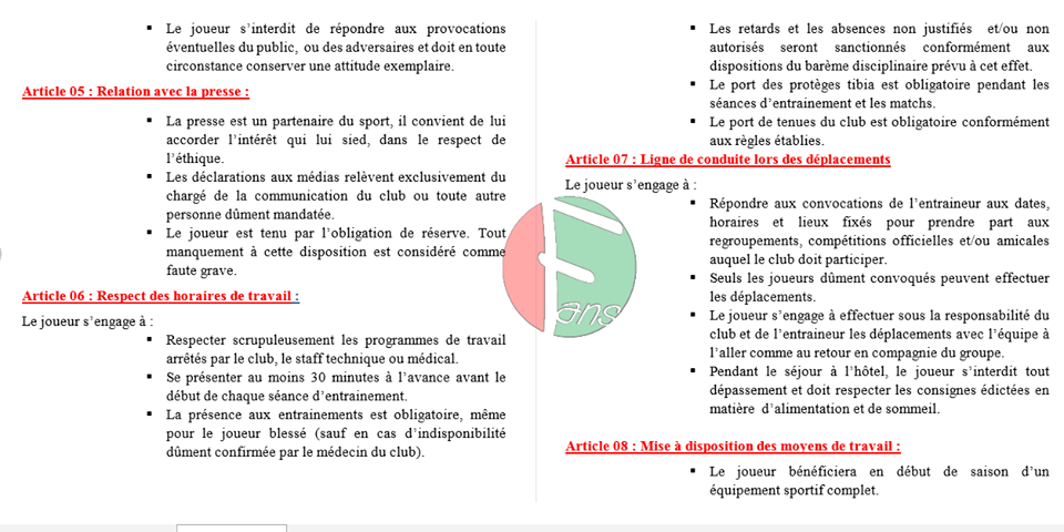 Spécimen de règlement intérieur