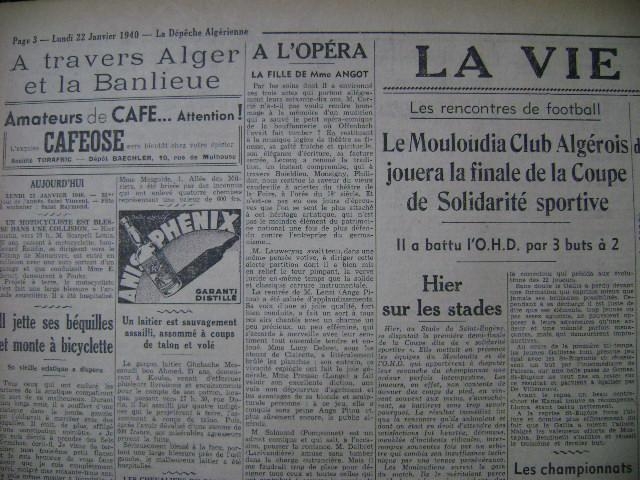 21.1.1940 Demi  finale coupe de la solidarité MCA-OHD 3-2