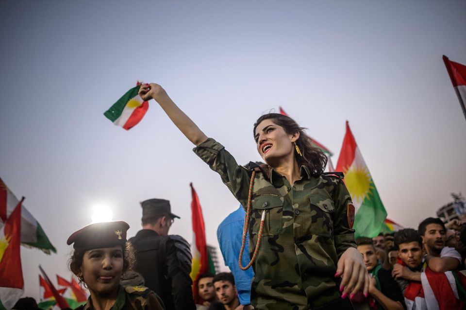 Lors du meeting de Massoud Barzani, président du Kurdistan irakien, vendredi, dans le stade d’Erbil.