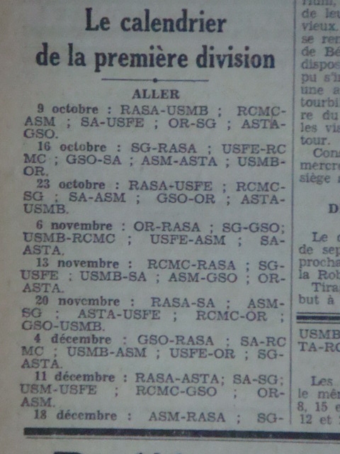 USMB Calendrier 1ère Division saison 1938-1939