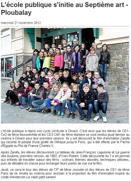 OUEST FRANCE - 21/11/2012 - L'école publique s'initie au Septième art